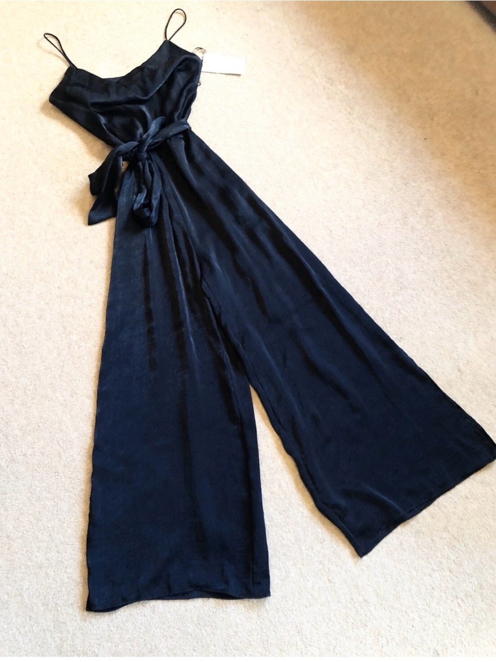 Zara Black Satin Draped Cowl Neck Wide Leg Jumpsuit Belted Size M 7899/846